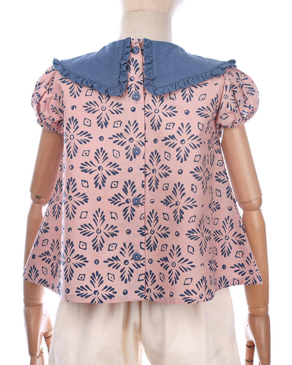 Lestari Batik Collar Blouse in Blush Denim