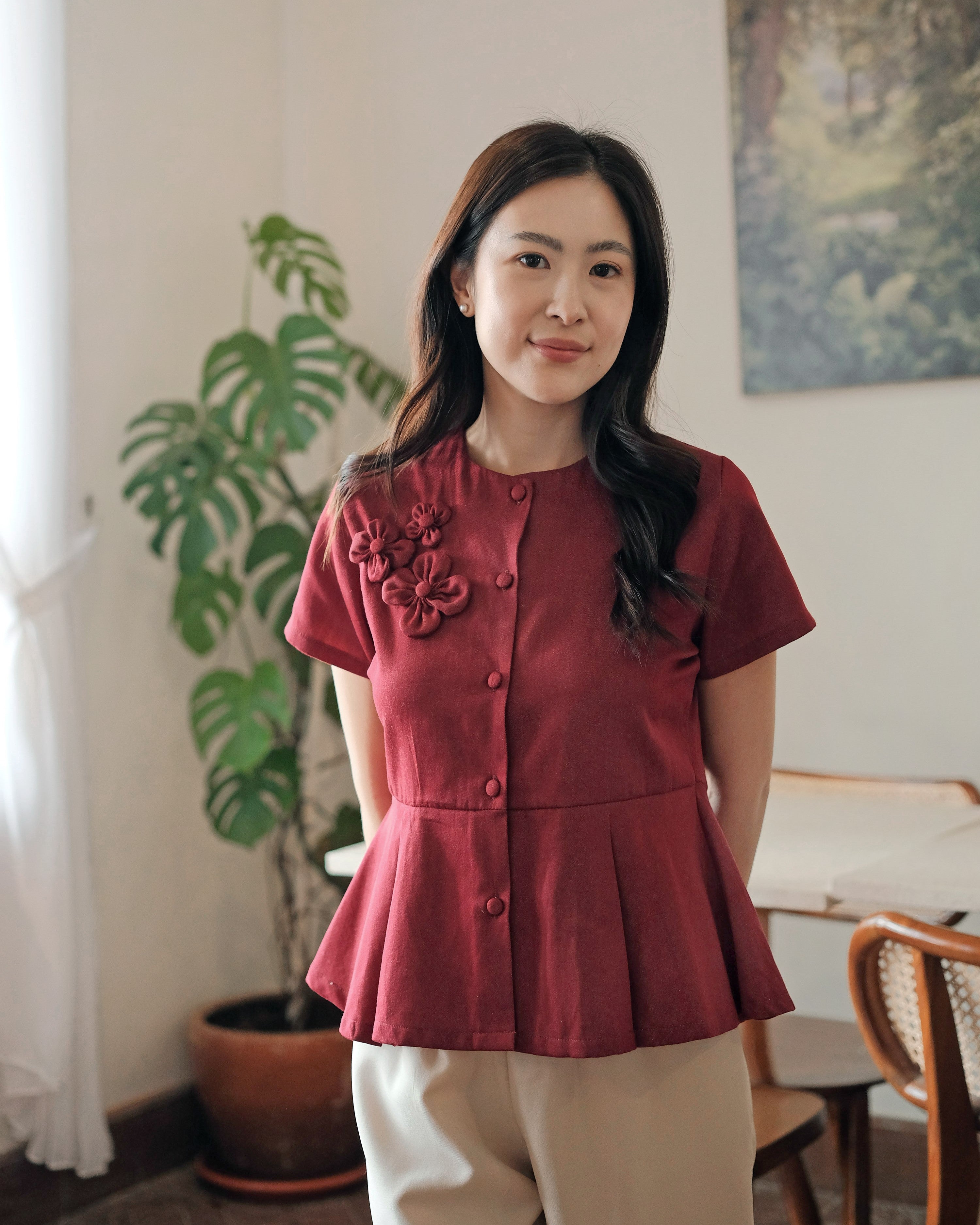 Lady Faith Peplum Top in Maroon