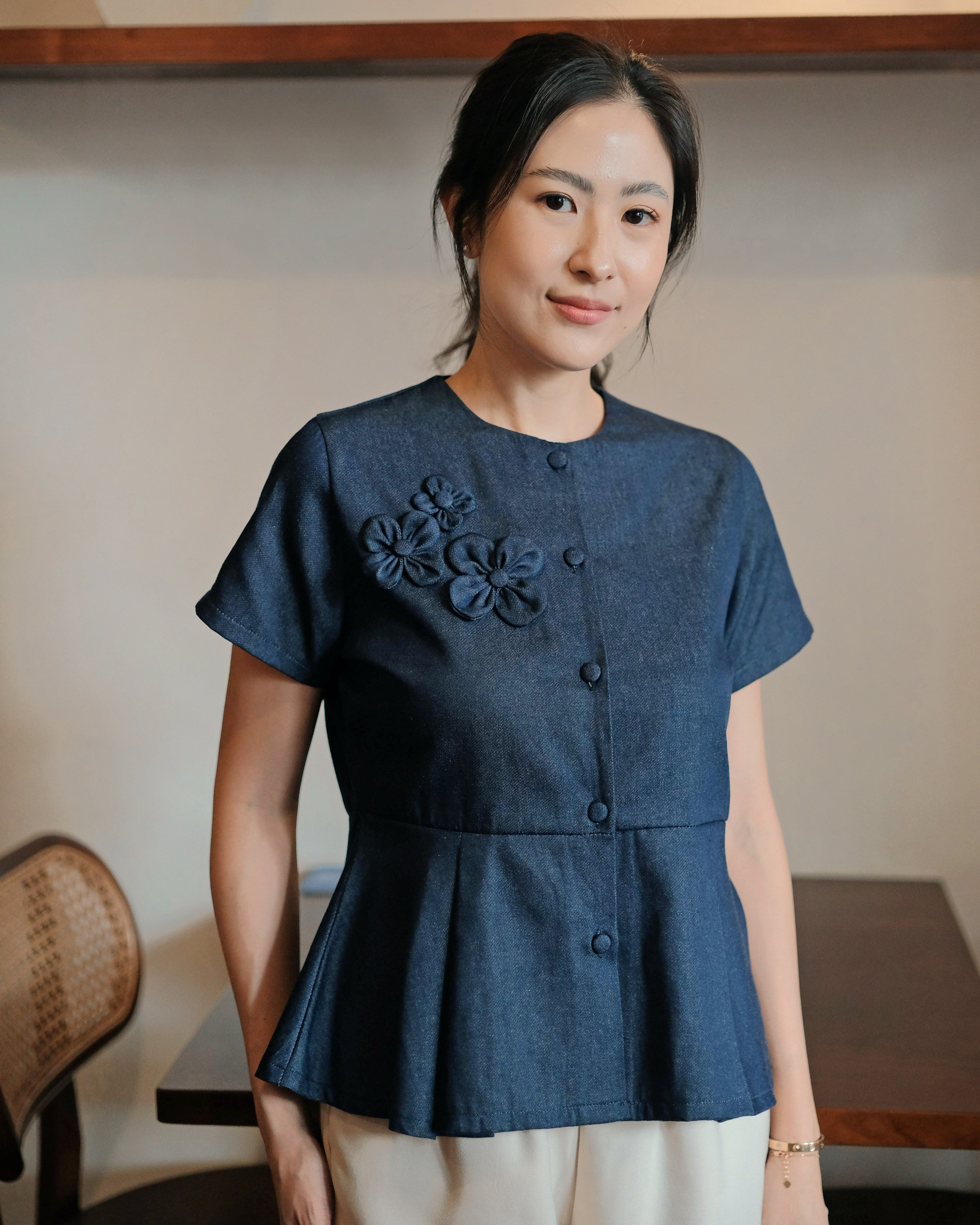 Lady Faith Peplum Top in Denim