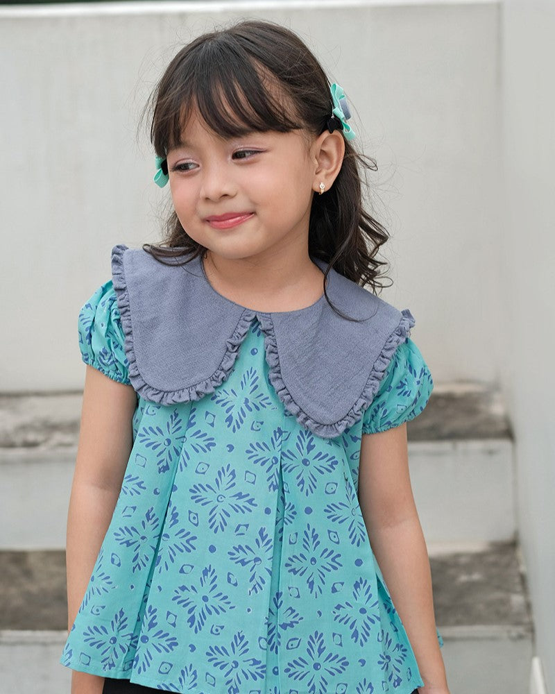 Lestari Batik Collar Blouse in Aqua Slate