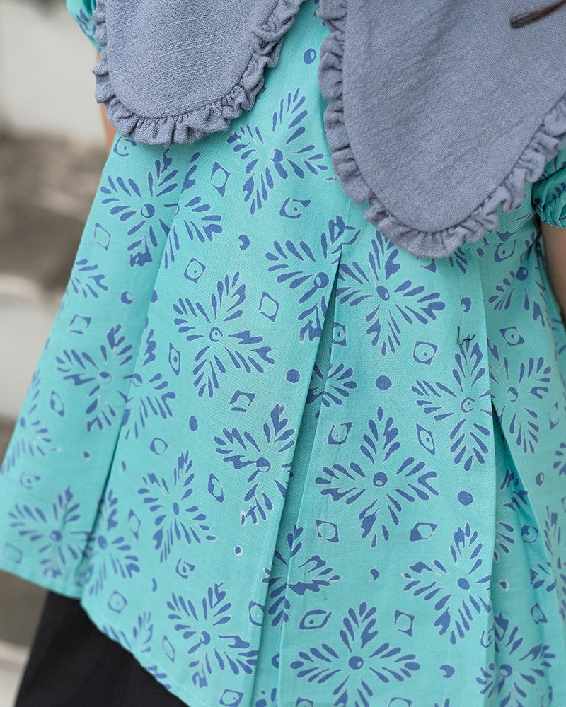 Lestari Batik Collar Blouse in Aqua Slate