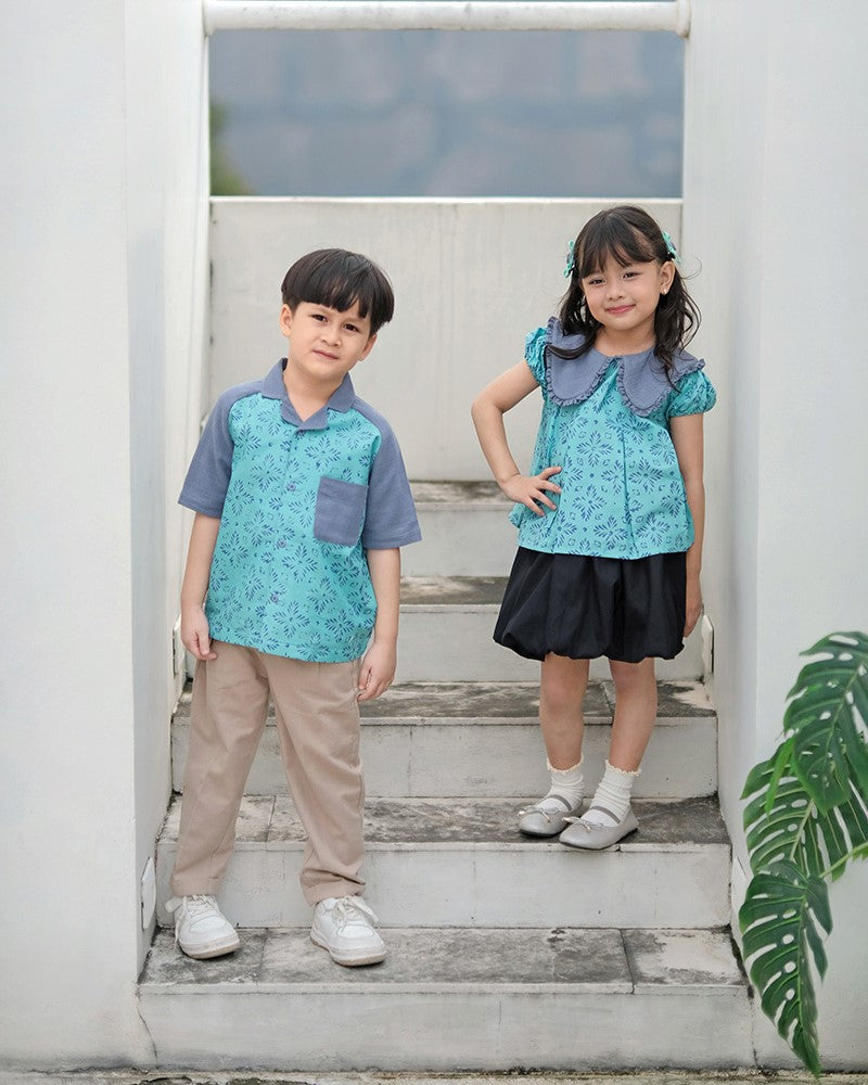 Lestari Batik Collar Blouse in Aqua Slate