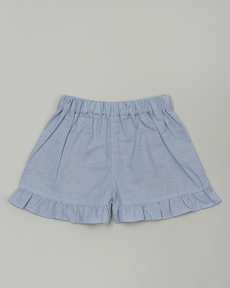 Jouy Linen Ruffle Shorts in Blue