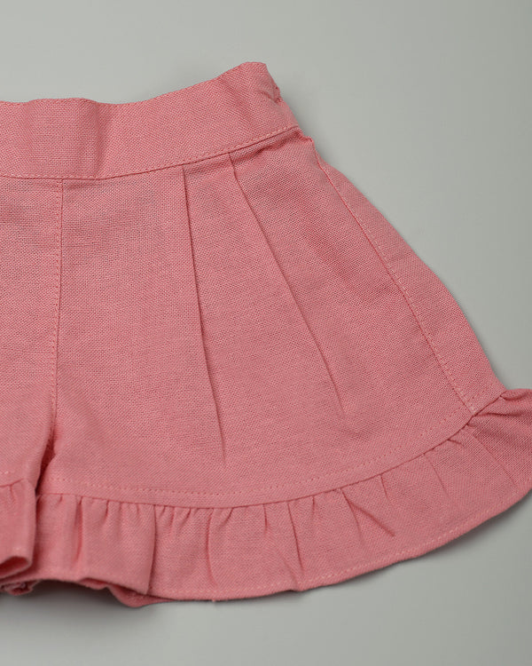 Jouy Linen Ruffle Shorts in Pink