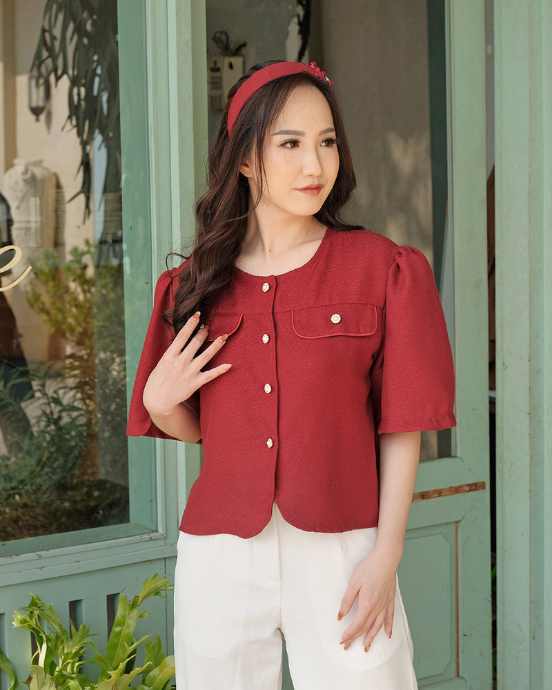 Lady Grace Tweed Blouse in Red