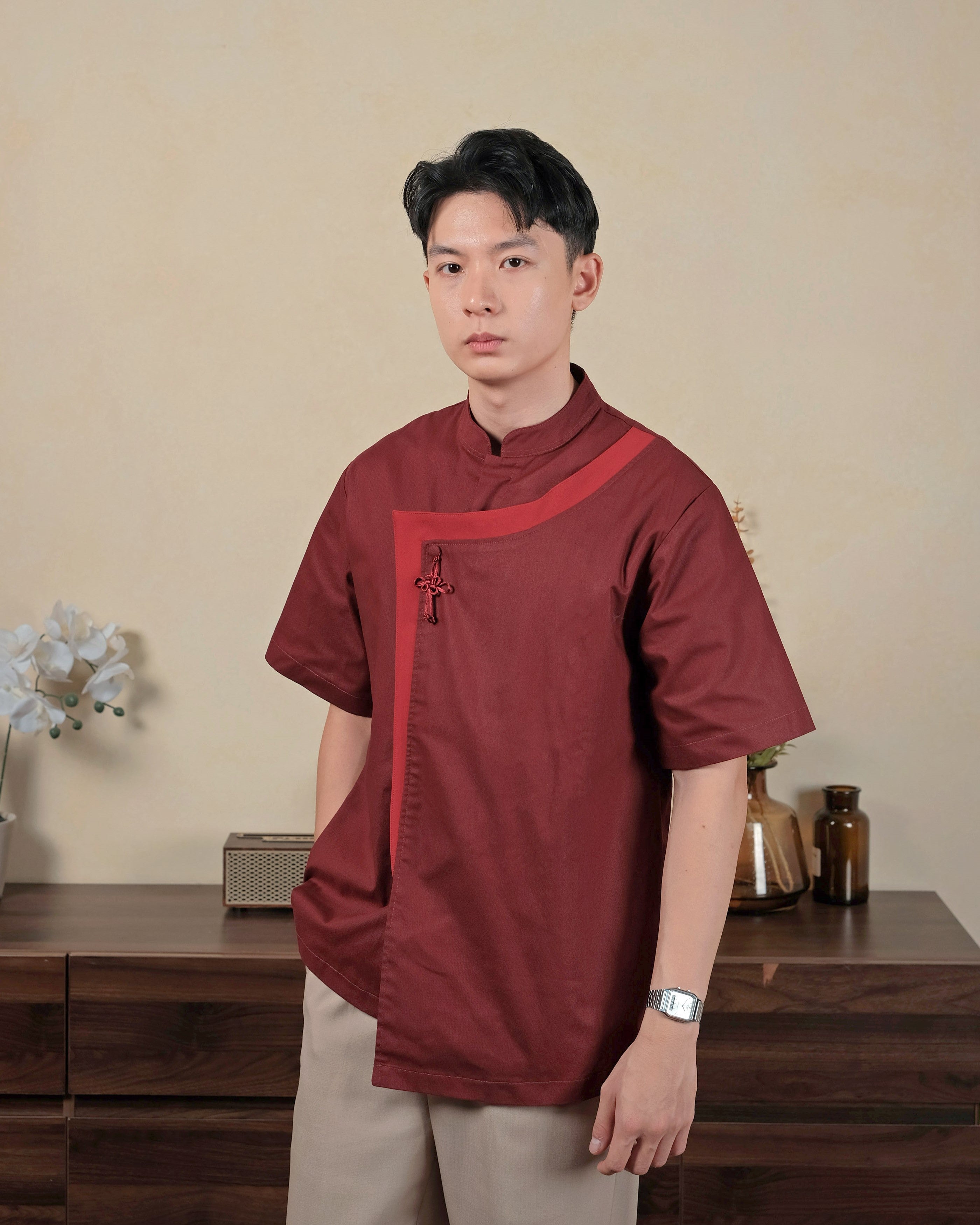 Mr. Han Qipao Shirt in Maroon