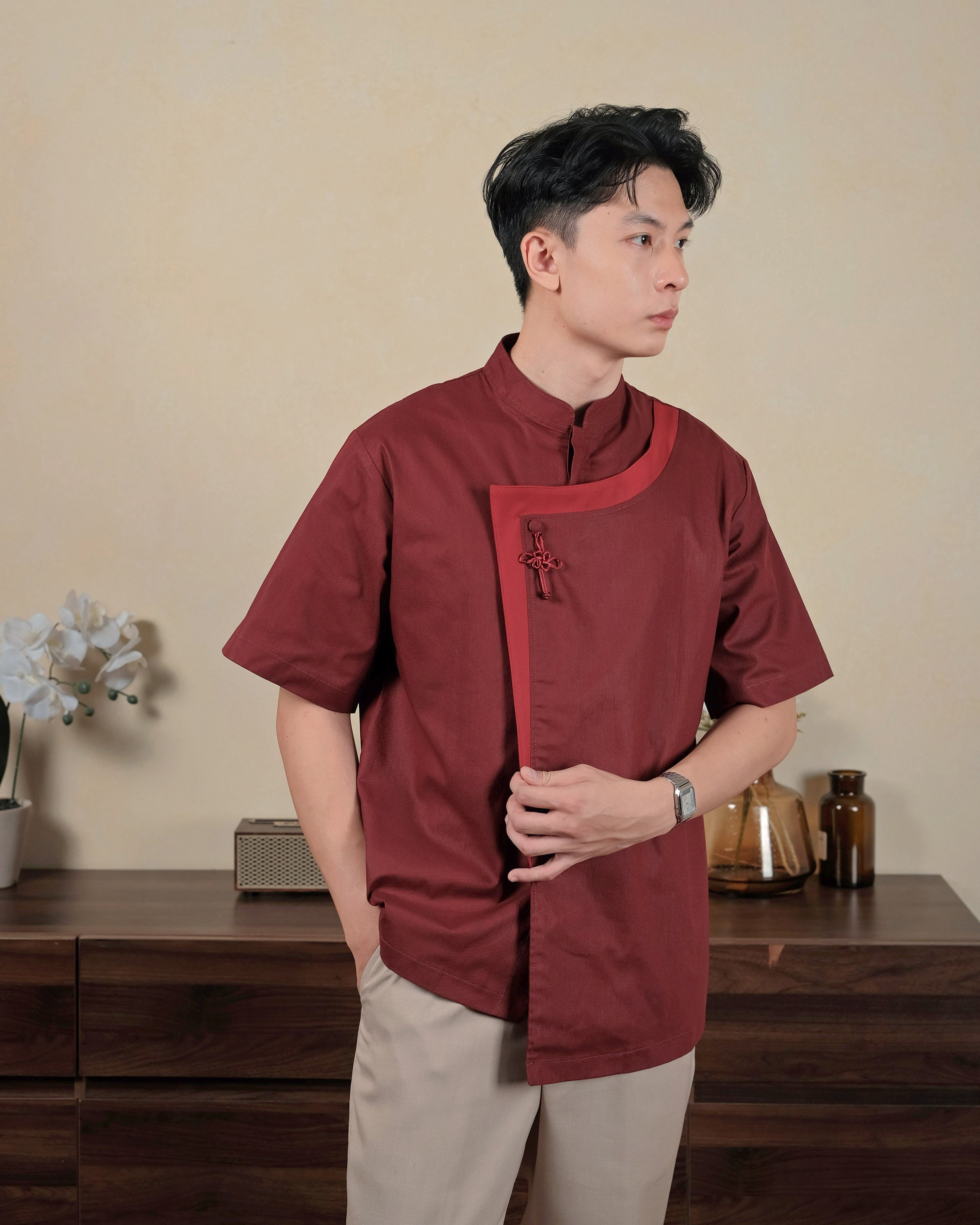 Mr. Han Qipao Shirt in Maroon