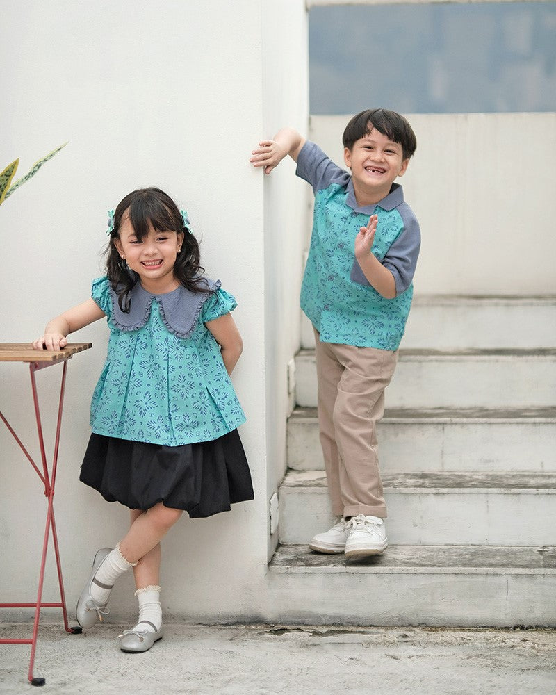 Lestari Batik Collar Blouse in Aqua Slate