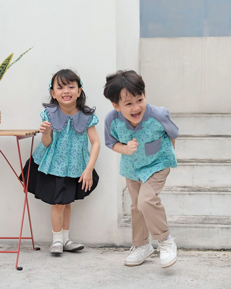 Lestari Batik Collar Blouse in Aqua Slate